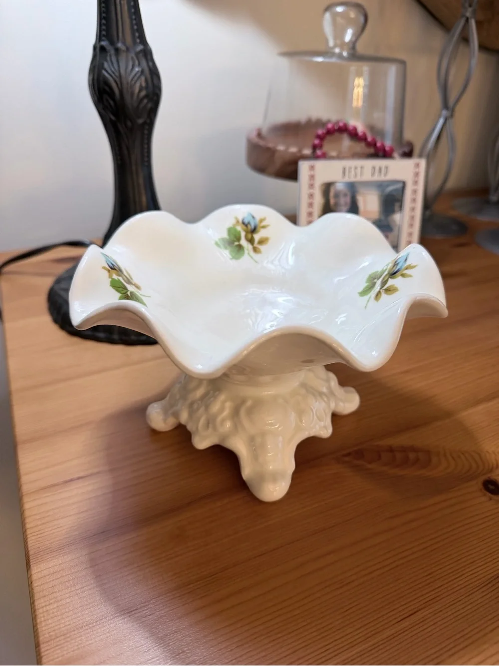 White Porcelain Scalloped Pedestal Bowl with Floral Accents
